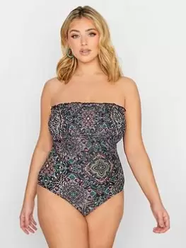 Yours Aztec Tile Shirred Swimsuit, Black, Size 26, Women