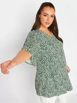 Yours Ditsy Flower Print Pleat Angel Sleeve Swing T-Shirt, Green, Size 30-32, Women