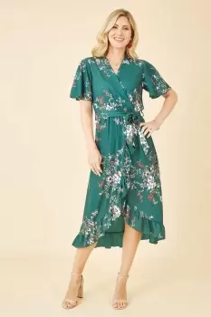 Green Floral Dip Hem Wrap Midi Dress