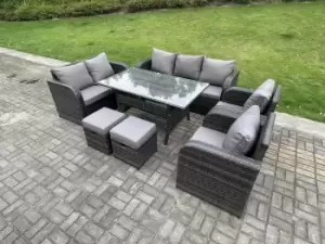 Fimous 7 Seater Outdoor Dark Grey Rattan Lounge Complete Sofa Set with Regular Dining Table and 2 Stools