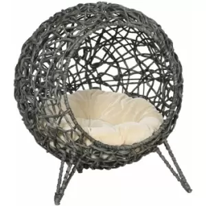 PawHut Rattan Elevated Cat House Kitten Bed Pet Furniture w/ Cushion Grey - Grey