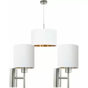 Ceiling Pendant Light & 2x Matching Wall Lights Satin Nickel White Copper Fabric