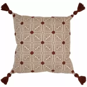 Furn - Chia Tufted Geometric Pom Pom Tassel Cushion Cover, Red Clay, 50 x 50 Cm