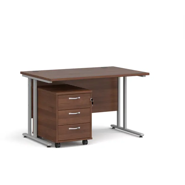 Maestro 25 Straight Desk Silver Frame Walnut Table Top and 3 Drawer Pedestal - 1200mm