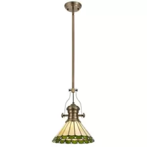 1 Light Telescopic Ceiling Pendant E27 With 30cm Tiffany Shade, Antique Brass, Green, Crystal - Luminosa Lighting