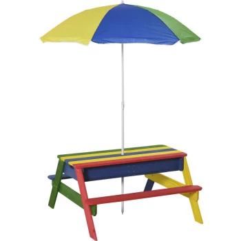 Outsunny - Kids Wooden Picnic Table & Parasol Set Bright Rainbow Seat 4 Children