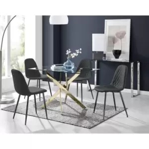 Furniturebox Leonardo 120cm Modern Glass And Gold Metal Leg Dining Table And 4 Black Corona Faux Leather Black Leg Dining Chairs