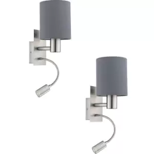 2 PACK Wall Light Colour Satin Nickel Shade Grey Fabric E27 LED 1x40W 1x3.5W