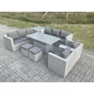 Fimous 8 Seater Outdoor Rattan Dining Sofa Complete Set with Adjustable Table and 2 Stools