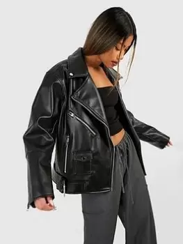 Boohoo Oversized Belted Biker Jacket - Black, Size 14, Women