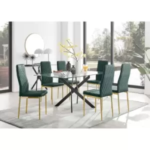 Furniturebox UK - Furniturebox Leonardo 6 Black Leg Glass Dining Table and 6 Green Milan Velvet Dining Chairs With Gold Legs Diamond Stitch Modern