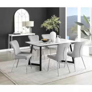 Furniturebox UK - Furniturebox Carson White Marble Effect Rectangular 160cm Dining Table & 6 Light Grey Nora Silver Leg Velvet Chairs