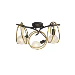 Wales Double Ring Ceiling Lamp Flush, 3 Light E27, Matt Black, Painted Gold