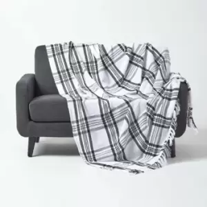 White & Black Tartan Check Sofa and Bed Throw, 225 x 255cm - White - Homescapes