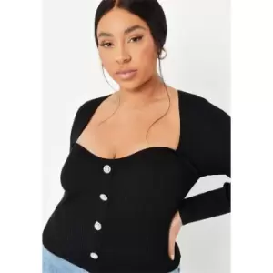 Missguided Sweetheart Diamante Button Ls Top - Black