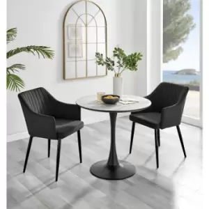 Furniturebox UK - Furniturebox Elina White Marble Effect Modern 80cm Round Dining Table & 2 Black Calla Black Leg Velvet Chairs