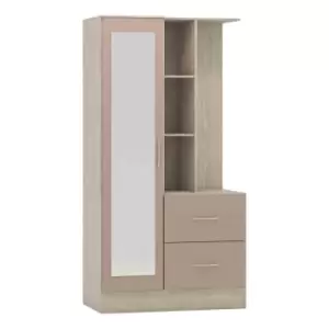 Seconique Nevada Mirrored Open Shelf Wardrobe - Oyster Gloss/Light Oak Effect Veneer