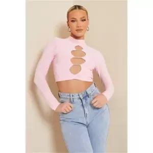 I Saw It First Baby Pink Slinky Long Sleeve High Neck Chain Detail Crop Top - Pink