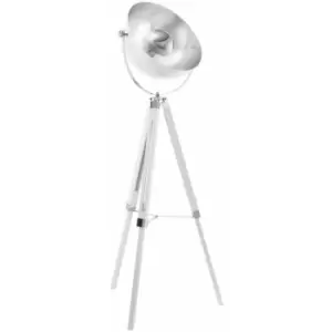 Tripod Floor Lamp Light White Wood & Silver Dome Shade 1 x 60W E27 Bulb