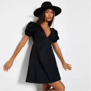 I Saw It First V Neck Puff Sleeve Mini Dress - Black