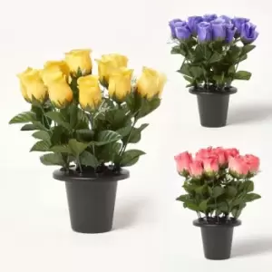 Set of 3 Rosebuds with Gypsohila in Grave Vase - Violet, Pink, Yellow - Homescapes