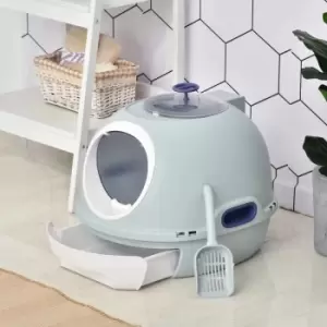 PawHut Futuristic Capsule-Shaped Cat Litter Box w/ 2 Doors Litter Scoop Drawer - Blue