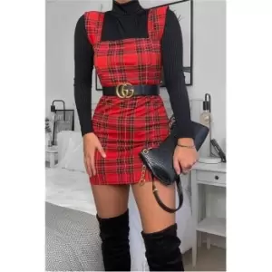 I Saw It First Crepe Check Frill Sleeve Pinafore Dress - Red