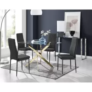 Furniturebox Leonardo 120cm Modern Glass And Gold Metal Leg Dining Table And 4 Black Milan Faux Leather Black Leg Dining Chairs