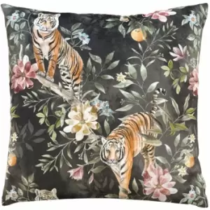 Wylder Tropics Orient Tiger Repeat Print Velvet Cushion Cover, Jet, 43 x 43 Cm