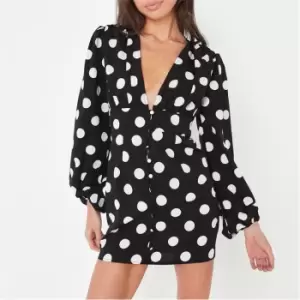 Missguided Petite V Neck Button Down Mini Ls Polka - Black