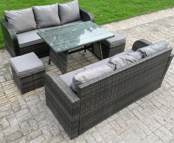 Fimous 6 Seater Outdoor Dark Grey Rattan Lounge Complete Sofa Set with Regular Dining Table, Large Cusions and 2 Stools