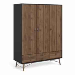 Ry Wardrobe 3 Doors And 3 Drawers In Matt Black Walnut