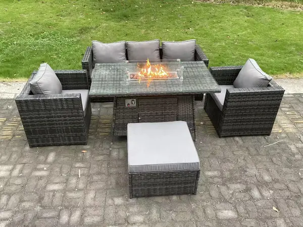 Fimous 5 Seater Outdoor Dark Grey Rattan Lounge Complete Sofa Set with Gas Fire Pit and Big Footstool