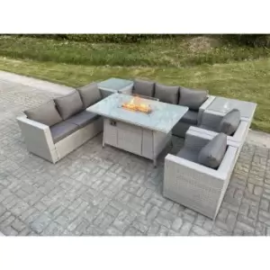 Fimous 8 Seater Outdoor Light Grey Rattan Fire Pit Lounge Complete Sofa Set with Gas Heater and 2 Side Coffee Tables