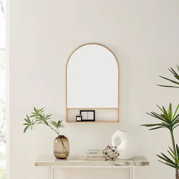 FurnitureboxUK Dara Metal Arch Minimalist Framed Wall Mirror with Shelf Gold