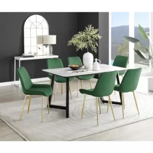 Furniturebox UK - Furniturebox Carson White Marble Effect Rectangular 160cm Dining Table & 6 Green Pesaro Gold Leg Velvet Chairs