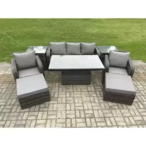 Fimous 5 Seater Outdoor Rattan Dining Sofa Complete Set with Adjustable Table and 2 Big Footstools