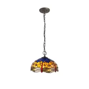 3 Light Downlighter Ceiling Pendant E27 With 40cm Tiffany Shade, Blue, Orange, Crystal, Aged Antique Brass