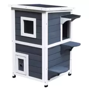 Pawhut Wood 2-floor Cat Condo Pet House Kitten Shelter With Window - Grey