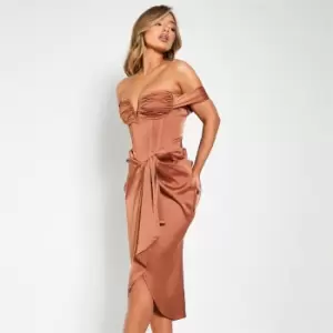 I Saw It First Satin Bardot V Bar Corset Midi Dress - Metallics