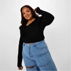 Missguided Plus Size Rib Wrap Front Knit Crop Top - Black