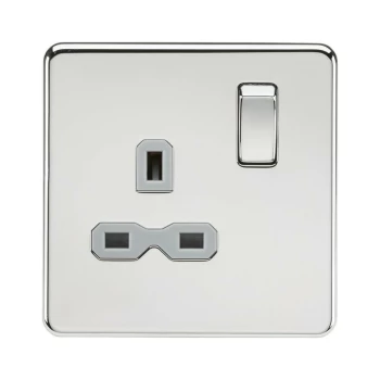 Screwless 13A 1G DP switched socket - polished chrome with grey insert - Knightsbridge