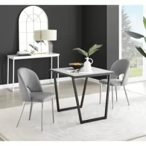 Furniturebox UK - Furniturebox Carson White Marble Effect Square Dining Table & 2 Grey Arlon Silver Leg Velvet Chairs