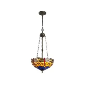 3 Light Uplighter Ceiling Pendant E27 With 40cm Tiffany Shade, Blue, Orange, Crystal, Aged Antique Brass