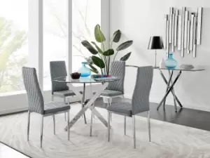 Novara Clear Tempered Glass 100cm Round Dining Table with Chrome Starburst Legs & 4 Milan Faux Leather Chairs