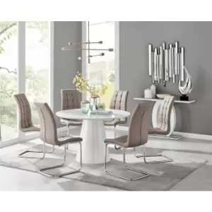 Furniturebox Palma White High Gloss 6 Seat Minimalist Post Modern Round Dining Table & 6 Cappuccino Murano Faux Leather Chairs