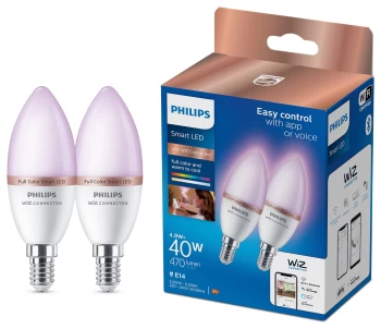 Philips Wiz E14 Colour Smart LED WiFi Candle Bulbs - 2 Pack