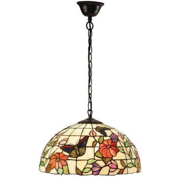 Interiors 1900 Lighting - Interiors Butterfly - 1 Light Medium Ceiling Pendant Bronze, Tiffany Style Glass, E27