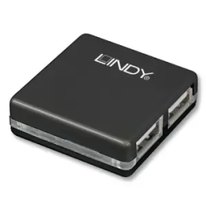 Lindy 42742. Hub interfaces: USB 2.0. Data transfer rate: 480 Mbps Product colour: Black. Width: 40 mm Depth: 40 mm Height: 12 mm