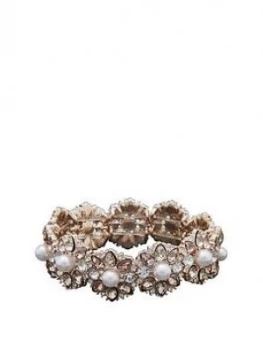 Mood Mood Rose Gold Plated Crystaland Cream Pearl Flower Stretch Bracelet